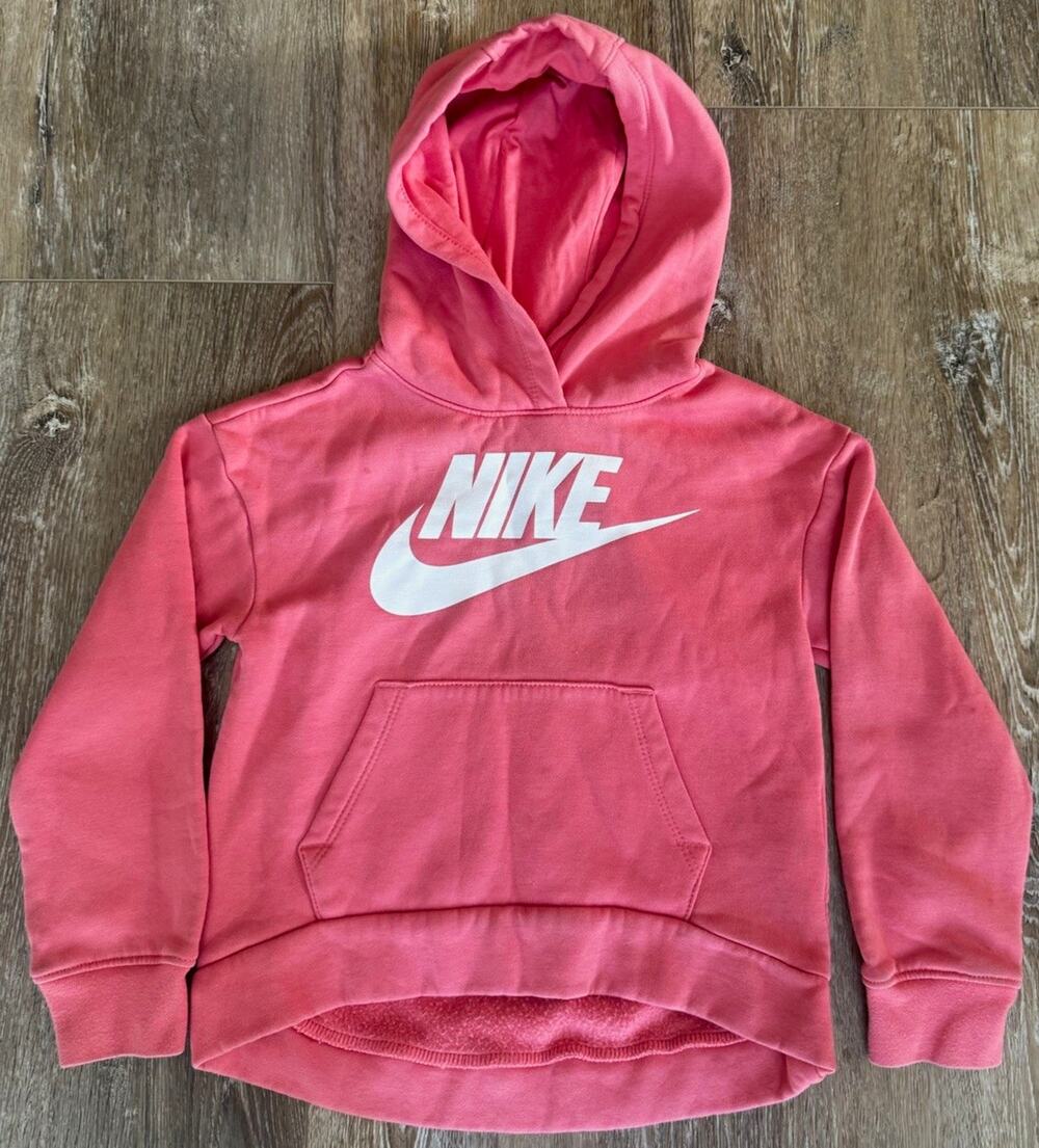 Nike Girls Pink Pullover Fleece Hoodie Logo Graphic Print Pocket Size 6-7